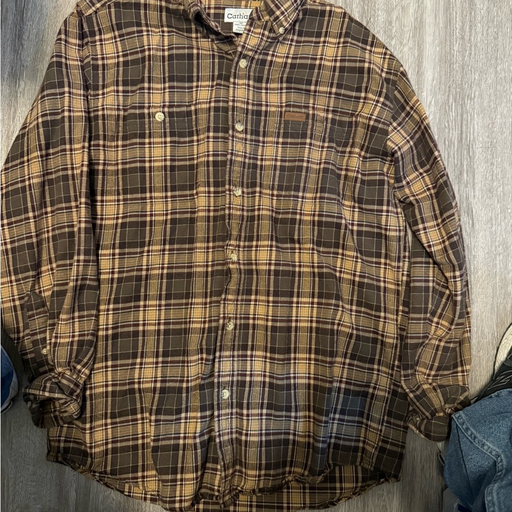 Carhartt Men’s Flannel Relaxed Fit Button Up Long Sleeve Brown Plaid M